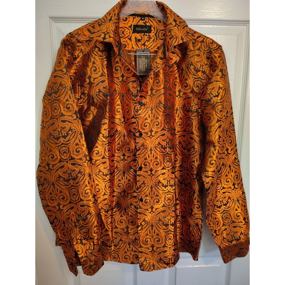 New DiBanGu Men's M Paisley Gold Black Brown Long Sleeve Point Collar Button-Up